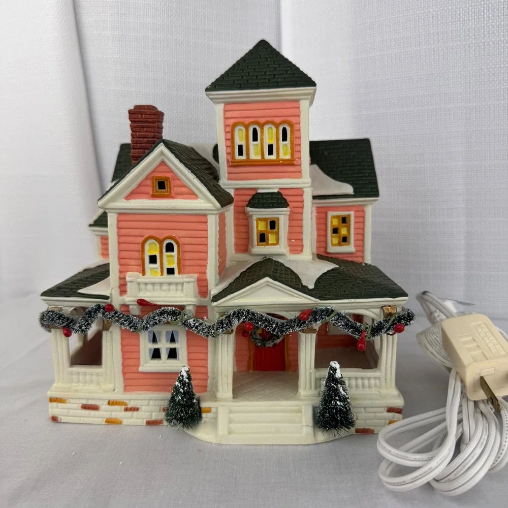 VTG Holiday Living Porcelain Lighted House Pink Victorian Christmas Village Home